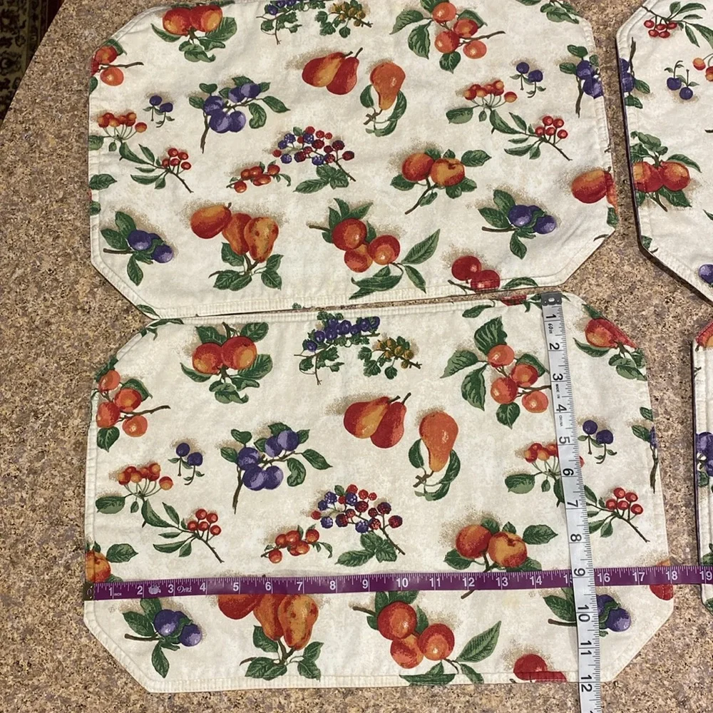 Longaberger 4 Placemats Fruit Medley and Blueberry Plaid USED WITH FADING/STAINS